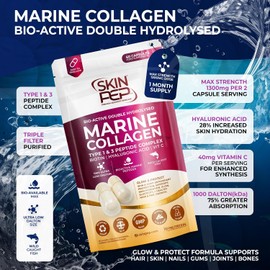 Marine Collagen Peptides - SkinPep | 60 Capsules, 1300mg Per Serving | WildCaught Bioactive 1000 Daltons | Hyaluronic Acid | VIT C | Clean & Pure, No Fillers | Collagen Supplements for Women and Men