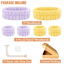 CERETIA Face Wash Headband and Wristband Set of 2, Purple and Yellow, Microfiber, One Size, with Holder for Washing Face, Absorbent Spa Wristbands