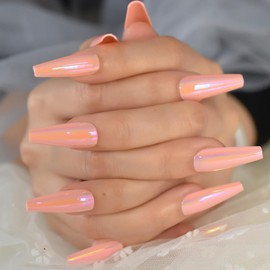 LINSSQ Metallic Mirror Pink Press on Nails, Long Coffin False Nails, Beauty Manicure Reusable Fake Finger Chrome Nail Art for Daily Office Party