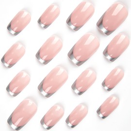 Silver Chrome French Tip Press on Nails Short Square Fake Nails with Mirror Metal Design Full Cover False Nails Glossy Natural Glue on Nails Acrylic Artificial Stick on Nails Kit for Women Girls 24Pcs