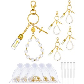Blushtier 5 Set Holy Water Keychain Gift with Rosary Bead, Crucifix, Bags, Eyedropper, for Christian Party Favor(Golden)
