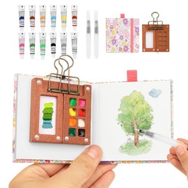 Portable Watercolor Painting Set Travel Kit with Durable 8 Grids Walnut Palette - Includes 12 Colors, 2 Water Brushes, Metal Clip & Sketchbook for Artists, Students for Outdoor Art and Journey Paintin