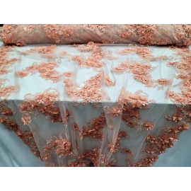 Divastyletextiles Peach Floral 3D Beaded French Embroidered Handmade Mesh 3D Lace Fabric By Yard
