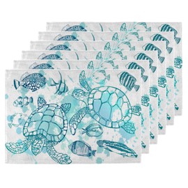 Summer Sea Turtle Placemats Set of 6 Washable Ocean Fish Linen Table Mats 12 x 18 Inch Heat Resistant Place Mats Non-Slip Placemats for Dining Kitchen Dining Table Party Decor