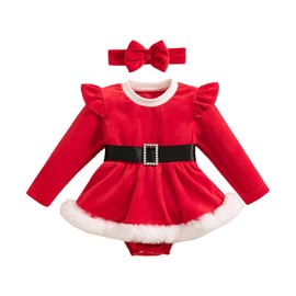 BemeUSWT Baby Girl Christmas Outfit Christmas Dress Red Velvet Ruffle Long Sleeve Romper Bodysuit Santa Clause Party Dress Bow Headband Infant Newborn Clothes (Red Z, 3-6 Months)
