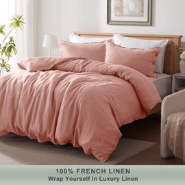 TOSMO 100% Linen Queen Duvet Cover Set, Luxury French Flax Natural Linen Duvet Cover with Button Closure & Corner Ties, Cooling Breathable Comforter Cover 3 Piece (Rose Pink)