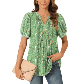 Anyally Womens Plus Size Summer Dressy Casual Blouse Puff Short Sleeve Tunic Tops Pleated T-Shirts for Work, 2XL Green Sparrow