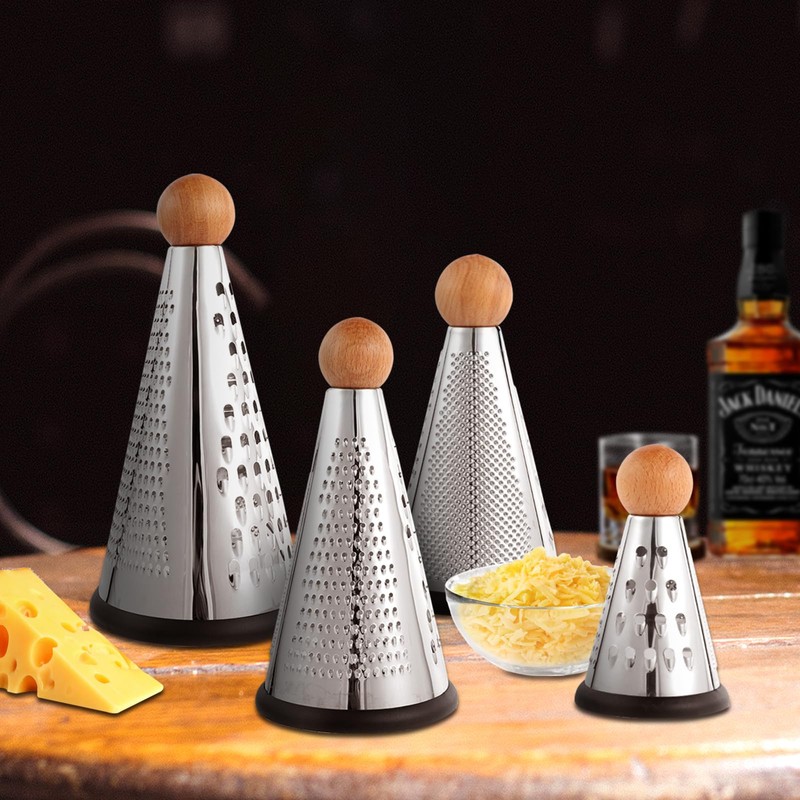 Cone Parmesan Cheese Grater - Stainless Steel Triple Function Wood