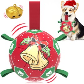 QDAN Christmas Dog Soccer Balls with Straps, Interactive Dog Toys for Tug of War, Puppy Birthday Gifts, Dog Tug Toy, Dog Water Toy, Durable Dog Balls for Medium & Large Dogs（8 Inch）