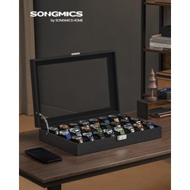 SONGMICS Watch Box, 24-Slot Watch Case, Lockable Watch Storage Box with Glass Lid, Gift Idea, Ink Black Synthetic Leather, Ink Black Lining UJWB024B02