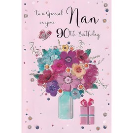 Nan 90th Birthday Card - Age 90 - Special Nan - Flower Bouquet and Butterfly - Artistic Floral Design - Special Finishes and Illustrated Insert Leaf - Made in the UK