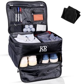 KYSR Golf Bag Organizer with Club Cleaner - Customizable Black Trunk Caddy - Durable 900D Nylon - Two Layer Ventilated Organizer With Shoe Compartment - Golf Car Accessory & Gift