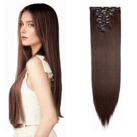 Clip-In Real Hair Extensions, Full Head, 66 cm, Realistic and Natural Clip-In Extensions for Women and Girls (Medium Brown), 8-Piece Set