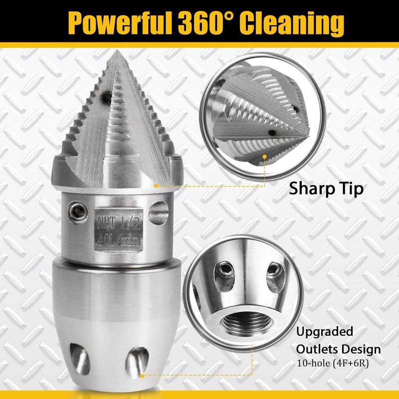 1/2 NPT, 40 L/min Sewer Jetter Rotating Nozzle - Stainless