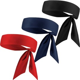 Sports Headband, Pack of 3 Tennis Tie Headband, Adjustable Sweatband, Bandana Cap, Unisex Headband, Sports Headwear for Women and Men, Running, Fitness, Yoga, Tennis (Black, Red, Navy Blue)