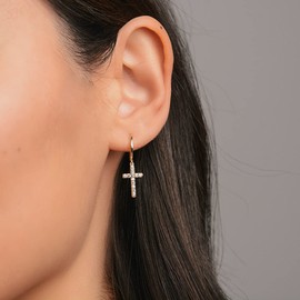 925 Sterling Silver Hoop Earrings with Pendant 14K Gold-Plated I Earrings for Women, Girls and Women I Hoop Earrings Hanging with Stones and Cross, Sterling Silver Cubic Zirconia