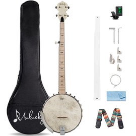 5 String Banjo, Mulucky Full Size with 24 Brackets Banjo, Open Back, Maple Banjos with Remo Head, Geared 5th Tuner, Gift Package with Beginner Kit - MB1101