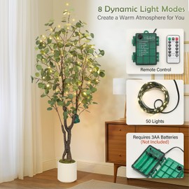 GarveeHome Artificial Eucalyptus Tree Indoor, 5ft Tall Fake Artificial Plant with White Planter，Large Faux Floor Plant Fake Silk Trees with 50 Lights Artificial Trees for Home Decor Indoor