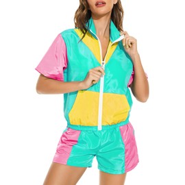 Yisfri Women's Vintage 80s 90s 2 Piece Outfit Retro Neon Windbreaker Tracksuit Themed Party Short Set (Cyan, XL)