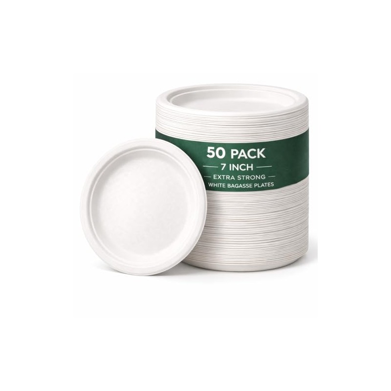 1ABOVE 50 Pack Extra Strong White Disposable Bagasse Plates, 100%