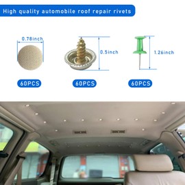 Dickno 60 PCS Car Roof Headliner Repair Kit, Auto Roof Snap Rivets Retainer with Installation Tool, Interior Ceiling Sagging Headliner Cloth Fixing Repair Buckle for All Vehicles (Grid Beige)