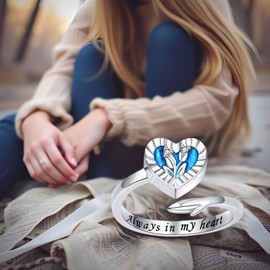 Sterling Silver Urn Rings for Ashes for Women - Blue Heart Cremation Jewelry Adjustable Memorial Keepsake Jewelry for Loss of a Loved One Pet Human Ash