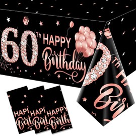 3 Pack 60th Birthday Tablecloth Decorations for Women, Pink Rose Gold Happy Sixty Birthday Theme Table Cover Party Supplies, 60 Year Old Birthday Plastic Disposable Rectangular Table Cloth Decor