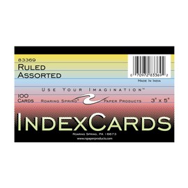Roaring Spring Index Cards, 3" x 5", Assorted Colors, Lined, 100/Pack