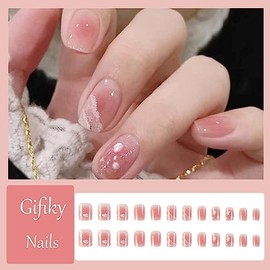 Uñas Postizas De Mármol, Uñas Cortas Cuadradas A Presión, Uñas Brillantes, Lindas Uñas Postizas De Cobertura Completa, Color Rosa Para Mujeres Y Niñas