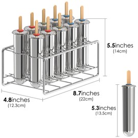 TOCCOOL 12 Pack Stainless Steel Popsicle Molds, Homemade Ice Lolly Molds with Holder, Reusable Fast Freezing Ice Treat Maker with Wooden Sticks and Bags (Round)