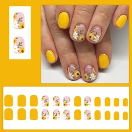 Flower Fake Nails Square Press On Nails Short Yellow False Nails With Floral Daisy Designs Acrylic Spring Nails Press Ons Full Cover Glue On Nails Glossy Summer Stick On Nails For Women