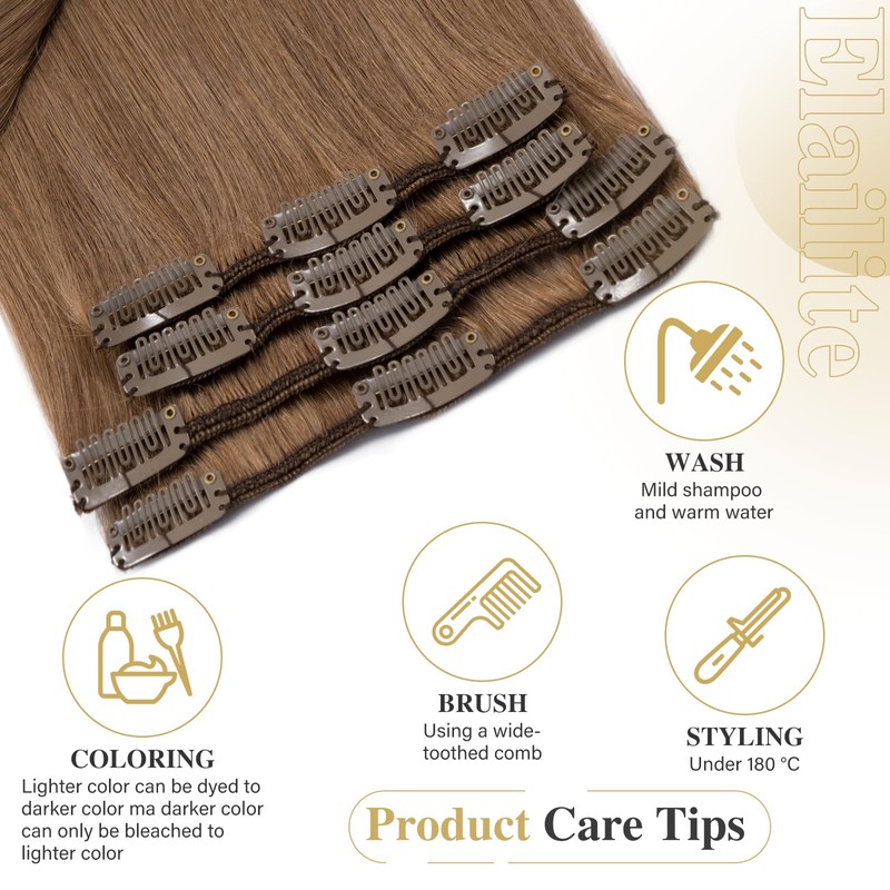 Elailite Real Hair Clip-In Extensions, 8 Wefts, Straight, #30 Catannia