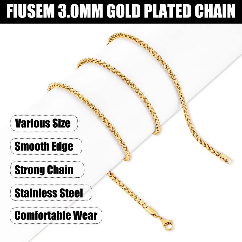 Fiusem Gold Plated Wheat Chain Necklace for Men, 3mm Gold