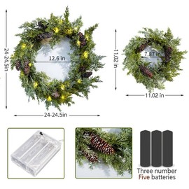 Nature’S Mimic 2-Pack 24in Artificial Christmas Wreaths for Front Door Frosty White Pine Needle Pine Cone Christmas Wreath with Lights Christmas Decoration Holiday Window Wedding Decor