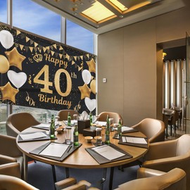 Happy 40th Birthday Banner Black Gold 40th Photo Backdrop Birthday Party Background Supplies Backdrop Props, Birthday Decorations for Men and Women 40th Backdrop Banner Photo Booth Sign 180×110cm