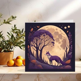 Purple Fox & Moon illustration Greeting Card Beautiful Woodland Art 145 x 145mm