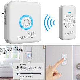 CASAcontrol Wireless Doorbell: Wireless Bell Button with Socket Receiver, 64 Melodies, IP56, White (Wireless Doorbell, Waterproof, Bell Amplifier)