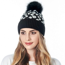 SEDEX Beanie Ladies Girls Leopard Beanies Bobble Hat Winter Warm Wooly Cable Knitted Pom Cap Thermal Skiing Accessories Gift for Womens Mens (Black)