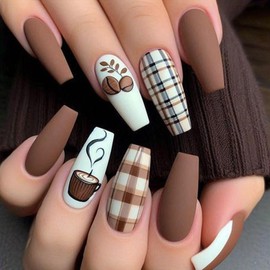 ONPRESS 24Pcs Fall Press on Nails Medium Square Fake Nails with Coffee Hazelnut Design False Nails Autumn Lattice Brown White Glue on Nails Matte Full Cover Acrylic Nail Coffin Stick on Nail for Women