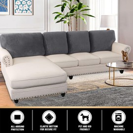 PrinceDeco 4 Pieces Velvet Backrest Covers for Sectional Couch Back Cushion Covers for Sectional Sofa, L Shaped Sofa Back Cushion Slipcover Washable(1 Chaise Back+ 3 Sofa Back, Grey)