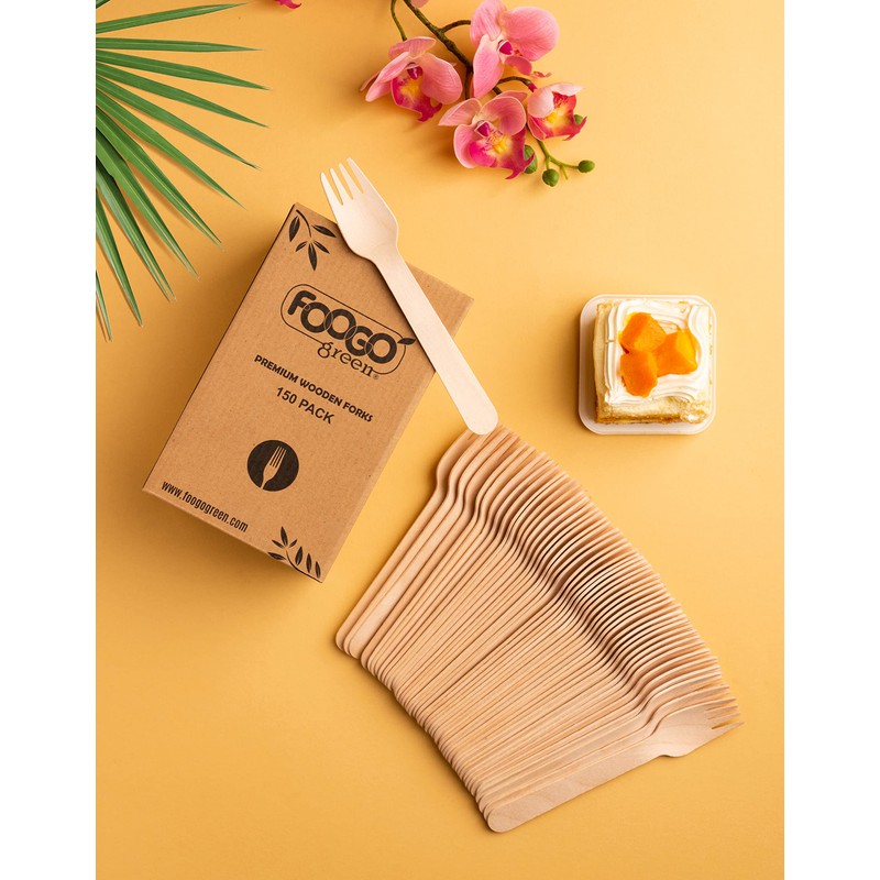 FOOGO Green 450pcs Disposable Wooden Forks 16cm Biodegradable Compostable Eco