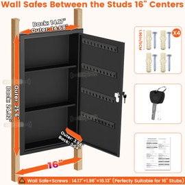 GUVELI 25.6" Tall Wall Safes Between the Studs, Lockable Hidden Safe Box with Hooks for Keys Jewellery, In Wall Safe for Money Medicines Valuables, Black