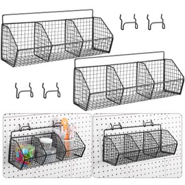 Suzile 2 Pcs Divided Pegboard Baskets Set Metal Garage Storage with 4 Pegboard Hooks Wall Mount Organizer for Workbench Bathroom Accessory Storage, 3 Grid(Black)