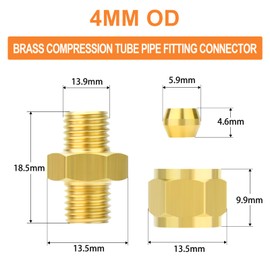 GASHER 10PCS Brass Compression Tube Pipe Fitting Connector, 4mm Tube OD x 4mm Tube OD Connector