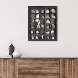 FramePro Rock Display Case - Adjustable Mineral Collection Box with Glass Lid, Wooden Cabinet for Rock, Fossil, Crystal, Seashell Collections - Geology Gift for Adults/Kids (16" x 13.5", Black)