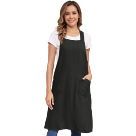 Nanxson Women Linen Apron Kitchen Apron Cross Back Vintage Cooking Apron with 2 Pockets for Baking Gardening Cooking, black