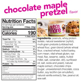Nuts ‘N More Chocolate Maple Pretzel Peanut Butter Spread, Added Protein All Natural Snack, Low Carb, Low Sugar, Non-GMO, High Protein Flavored Nut Butter (15 oz Jar)