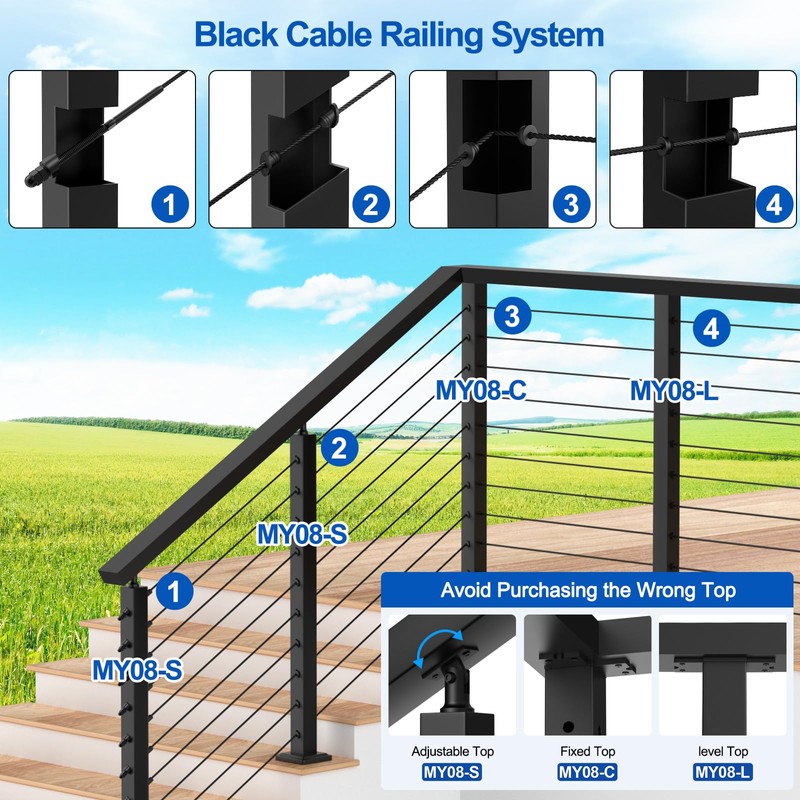 PLANTOP 35"x2"x2" Stainless Steel Cable Railing Post, Black Top Mount