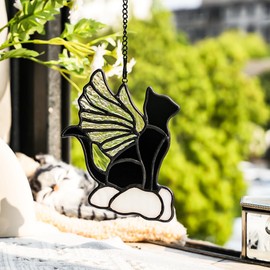 EPOGIFTS Stained Glass Black Cat Suncatcher Decor,Iridescent Angel Wing Cat Loss Sympathy Gift for Women,Stained Glass Window Hangings,Pet Memorial Gifts Remembrance Gifts