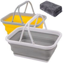 AUTODECO 2 Pack Collapsible Sink with Handle Towel, 2.37 Gal / 9L Foldable Wash Basin for Washing Dishes, Camping, Hiking and Home Gray&Yellow